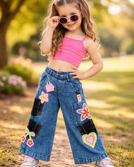 He & She Girls Wide Leg Denim Jeans with Floral & Heart Patchwork | Stylish Kids Blue Jeans
