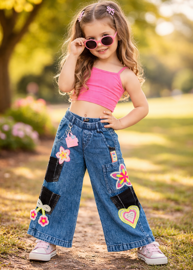 He & She Girls Wide Leg Denim Jeans with Floral & Heart Patchwork | Stylish Kids Blue Jeans