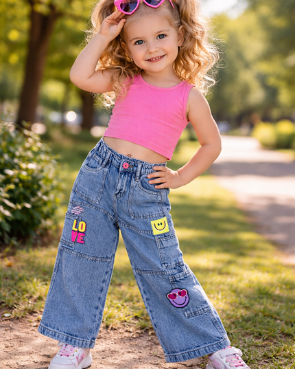 He & She Girls Wide Leg Denim Cargo Jeans with Smile & Love Patches | Stylish Kids Jeans