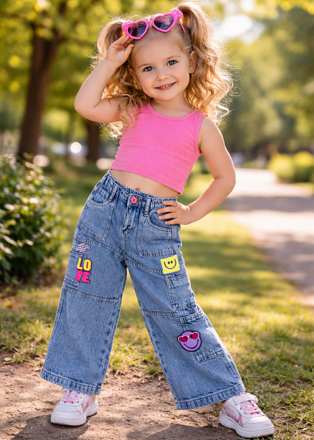 He & She Girls Wide Leg Denim Cargo Jeans with Smile & Love Patches | Stylish Kids Jeans