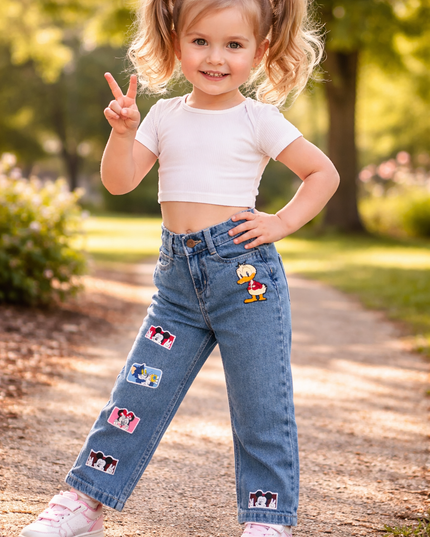 He & She Girls Cartoon Patch Straight Fit Blue Denim Jeans for Kids | Stylish Casual Jeans for Girls