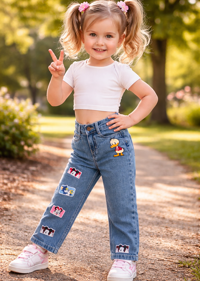 He & She Girls Cartoon Patch Straight Fit Blue Denim Jeans for Kids | Stylish Casual Jeans for Girls