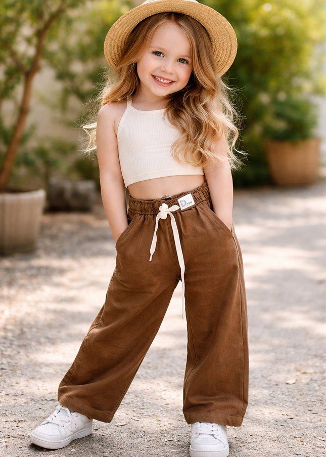 He & She Girls Brown Wide Leg Drawstring Casual Pants | Comfortable Everyday Wear