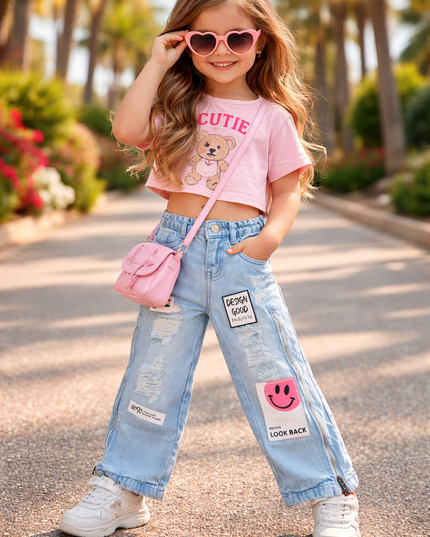He & She Girls Light Blue Distressed Wide Leg Denim Jeans with Side Zip Detail