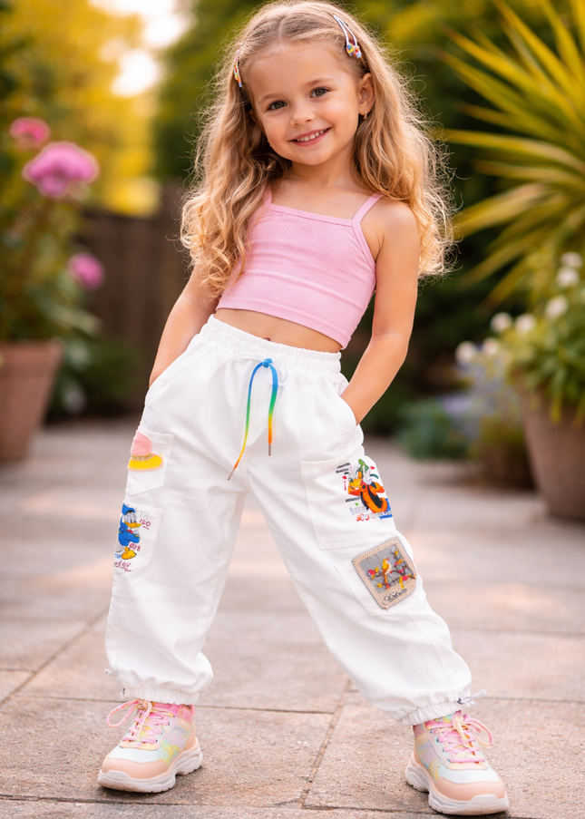 He & She Girls White Cargo Jeans | Stylish Printed Jogger Fit Denim Pants for Kids