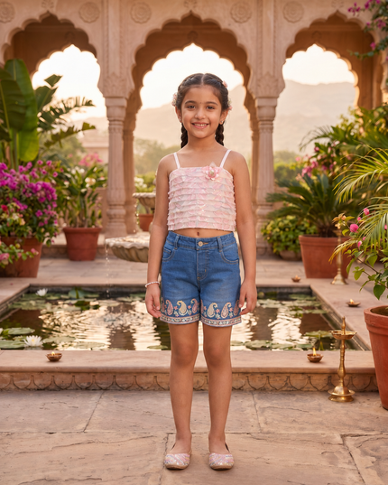 He & She Girls Tissue Crop Top – Stylish Blue & Pink Party Wear Crop Top for Kids & Girls