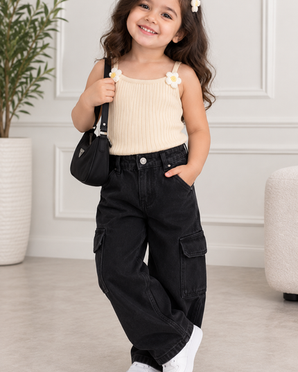 G.TOPS A467 Girls Ribbed Floral Top – Cream Sleeveless Top with Flower Detail | He and She