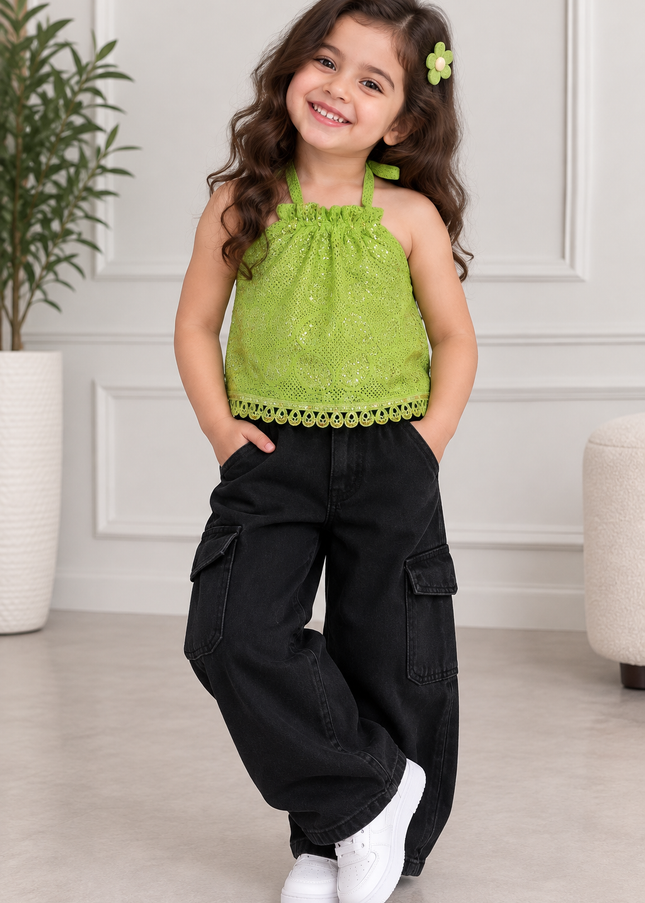 G.TOP A468 Girls Green Crochet Top – Sequin Halter Neck Party Top | He and She