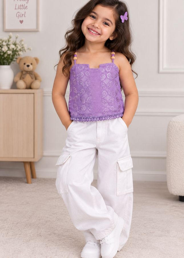 G.TOP A469 Girls Purple Sequin Top – Floral Sleeveless Party Top | He and She