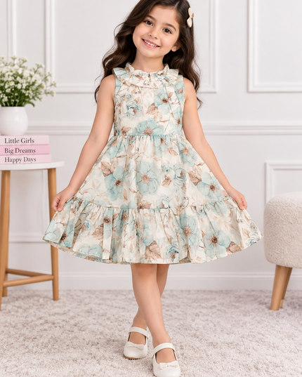 GIRLS FROCK CODE-A244 Girls Floral Frock Dress – Pastel Blue & Cream Party Wear Dress | He and She