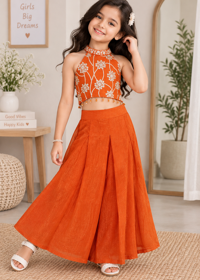 GIRLS PLAZO SET A442 Girls Orange Palazzo Set – Embroidered Halter Top & Flared Pants | He and She