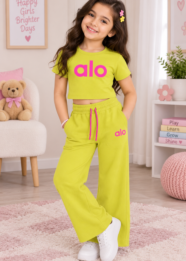 G.CORD SET A443 Girls Green Co-Ord Set – Printed Crop Top & Wide-Leg Pants | He and She
