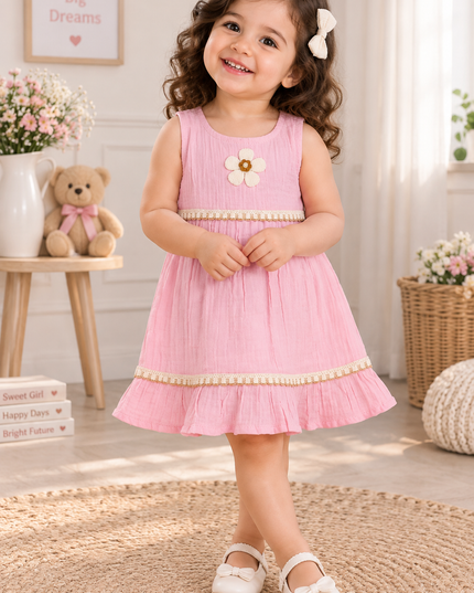 G. FROCK 445 Girls Pink Frock – Floral Detail & Lace Trim Dress | He and She