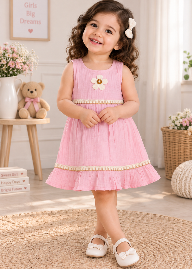 G. FROCK 445 Girls Pink Frock – Floral Detail & Lace Trim Dress | He and She