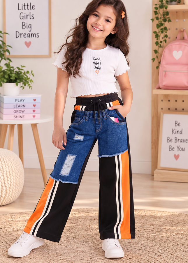G.JEANS A462 Girls Blue Denim Baggy Jeans with Orange & Black Panel Details | He & She