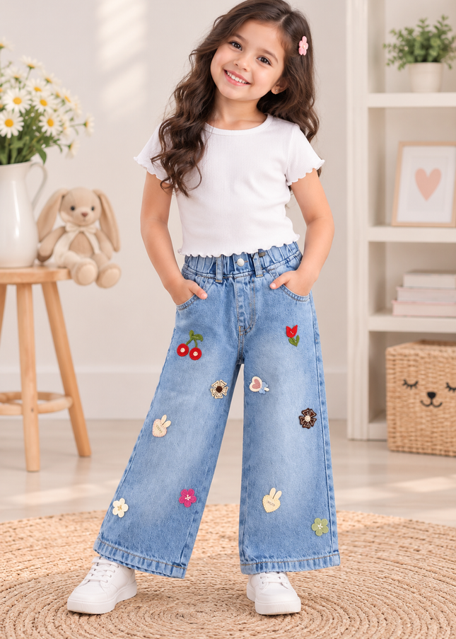 G.JEANS A463 Girls Light Blue Wide Leg Jeans with Cute Embroidery | He & She