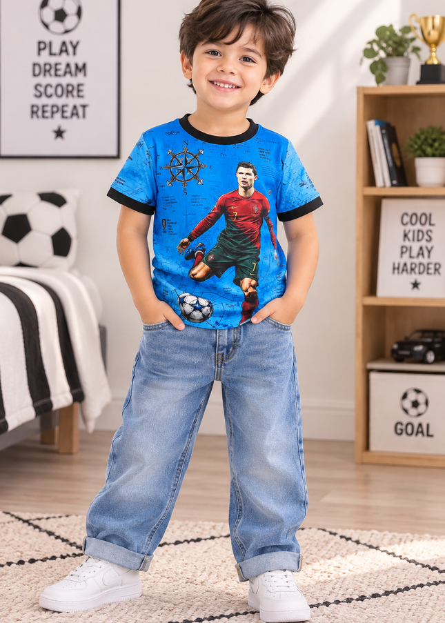 B.TSHIRT A464 Boys Blue Football Graphic T-Shirt | He And She