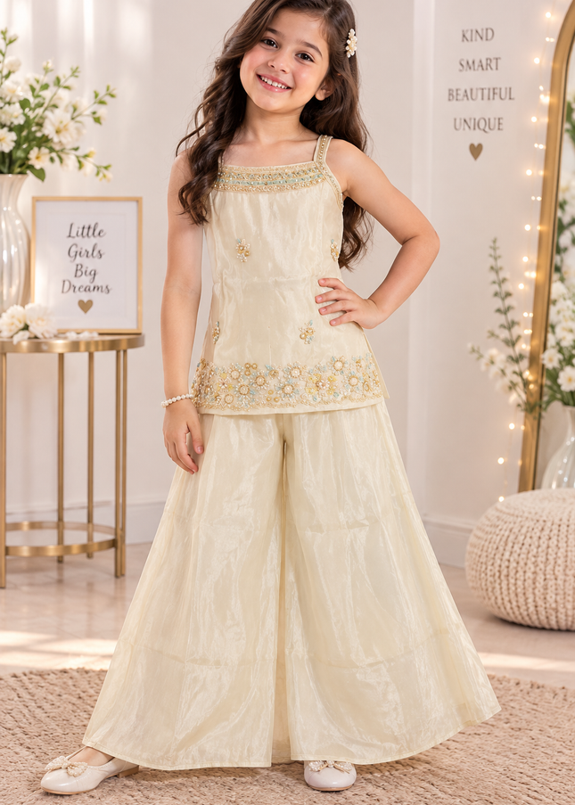 G.PLAZO A465 Girls Cream Embellished Palazzo Set | He And She