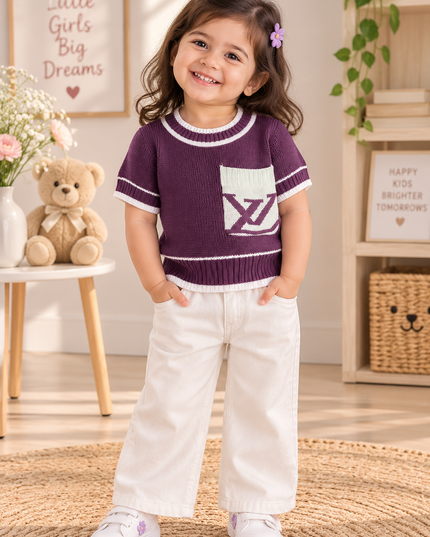 G.TOPS A472 Girls Knitted Pocket Top for Kids - Wine & Yellow | He And She
