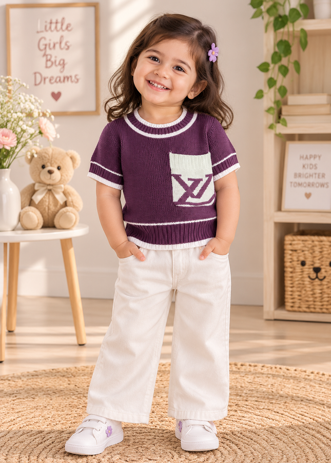 G.TOPS A472 Girls Knitted Pocket Top for Kids - Wine & Yellow | He And She