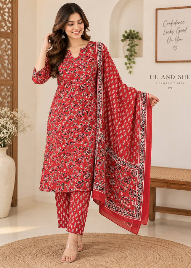LADIES DRESS A479 Women’s Red Printed Kurti Set with Dupatta & Matching Pants | He And She
