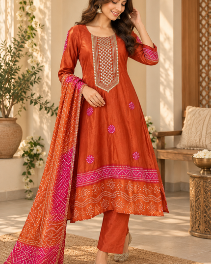 LADIES PLAZO SET A527 Women’s Rust Orange Anarkali Kurti Set with Dupatta & Pants