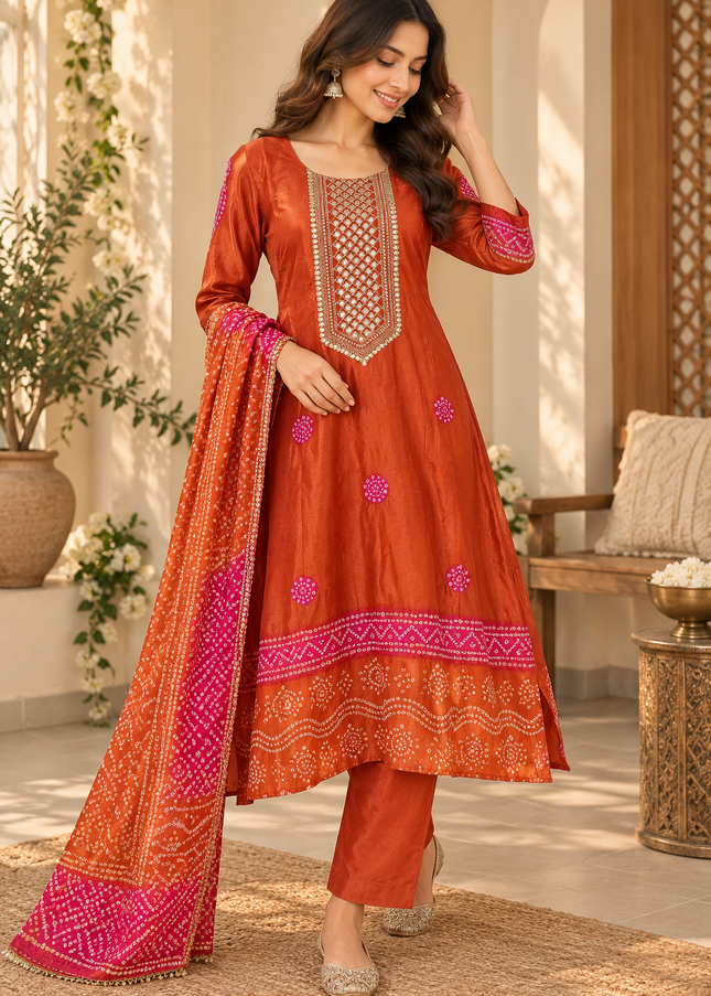 LADIES PLAZO SET A527 Women’s Rust Orange Anarkali Kurti Set with Dupatta & Pants