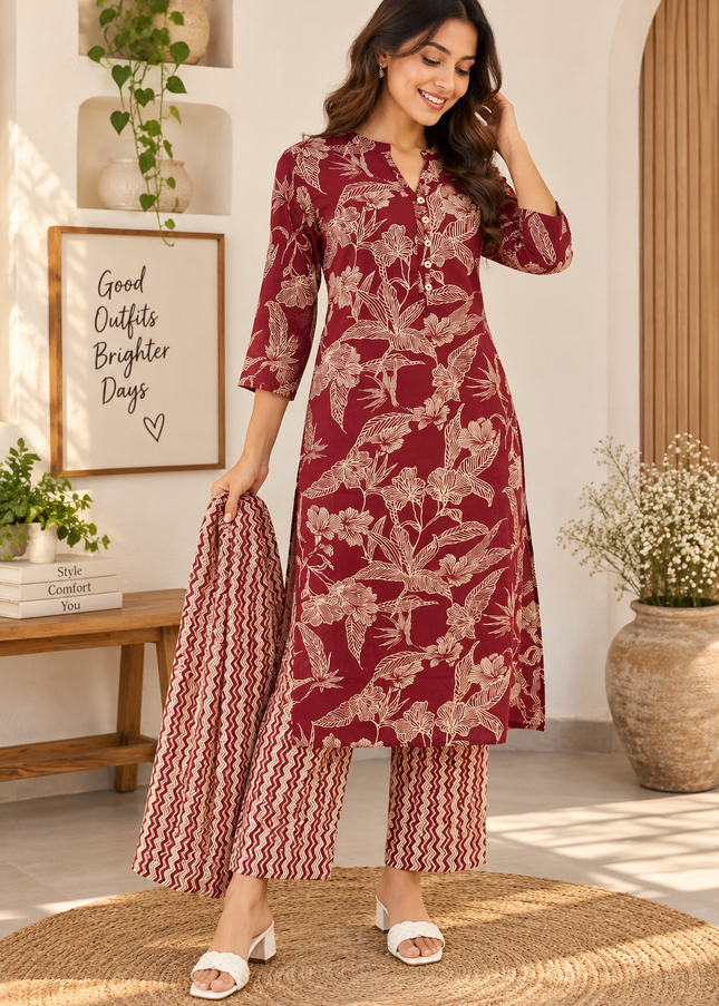 LADIES DRESS A483 Women’s Maroon Floral Printed Kurti Set with Matching Pants & Dupatta