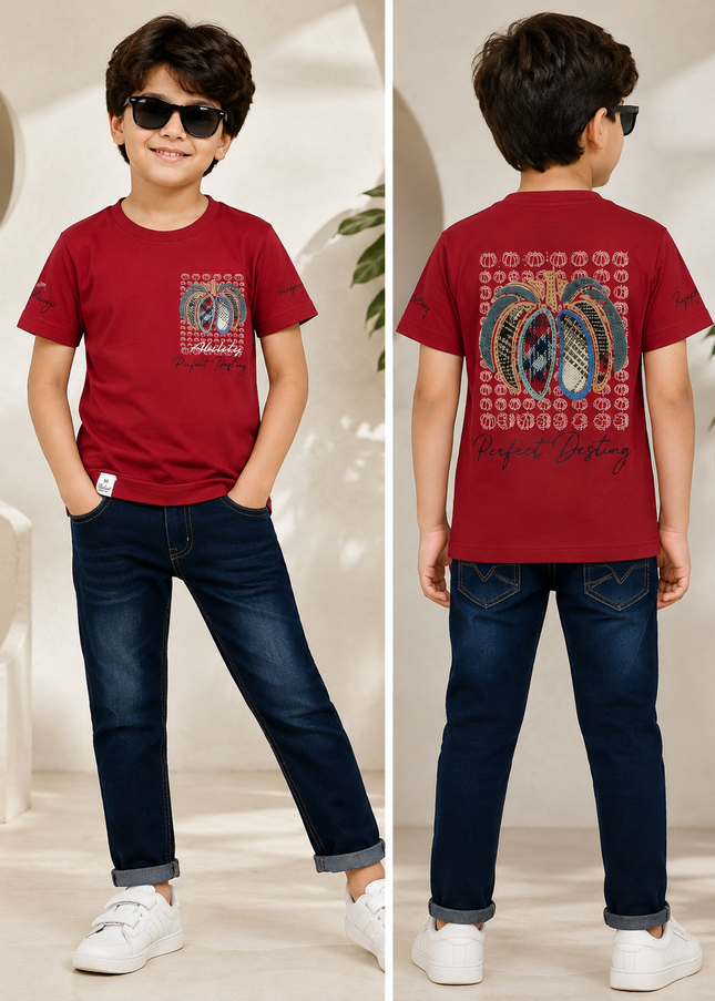 BOYS TSHIRT CODE-A375 Boys Maroon Printed T-Shirt | Stylish Graphic Half Sleeve Cotton Tee
