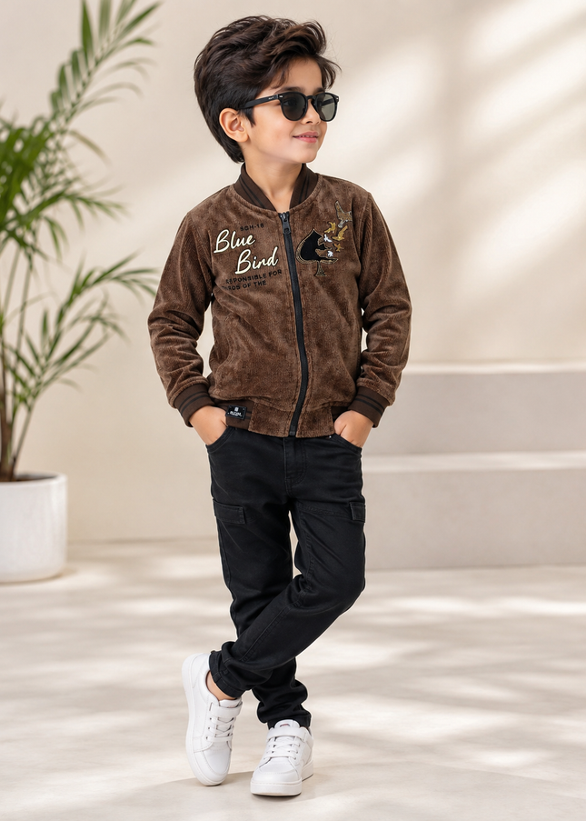 BOYS JECKET CODE-A376 Boys Brown Corduroy Zip-Up Jacket with Blue Bird Print | Stylish Winter Jacket for Kids