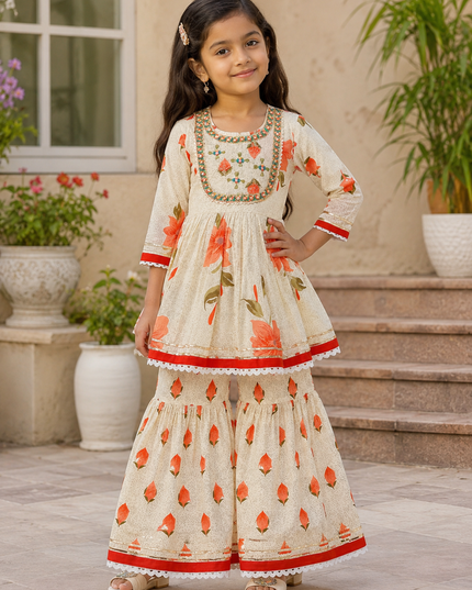GIRLS GHARARA SET CODE-A378 Girls Floral Printed Palazzo Garara Set with Embroidered Kurti | He And She