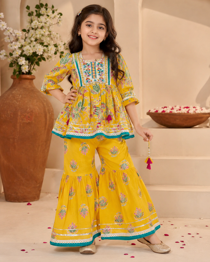 GIRLS GHARARA SET CODE-A379 Girls Yellow Floral Printed Palazzo Gharara Set | Ethnic Festive Wear