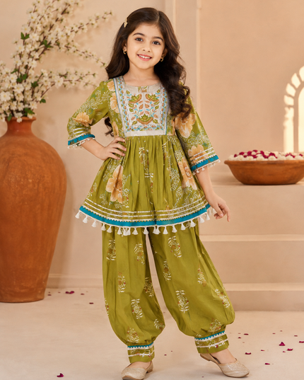 GIRLS PATIYALA SET CODE-A381 Girls Green Floral Printed Gharara Set | Ethnic Festive Wear | He And She