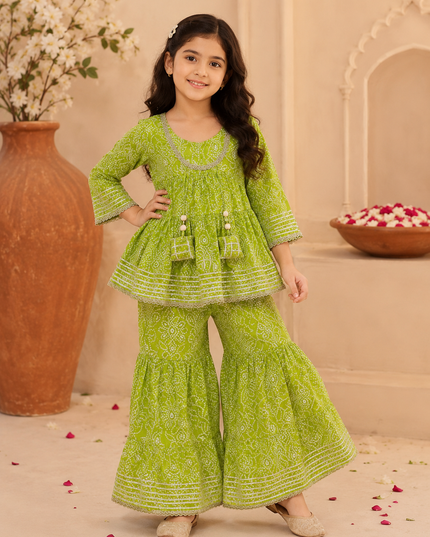 GIRLS GHARARA SET CODE-A382 Girls Green Printed Gharara Set | Stylish Ethnic Festive Wear | He And She