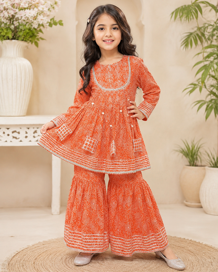 GIRLS GHARARA SET CODE-A383 Girls Orange Printed Garara Set | Traditional Ethnic Wear for Kids | He And She