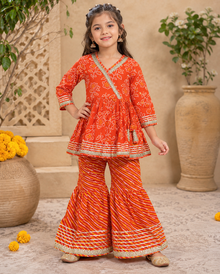 GIRLS GHARARA SET CODE-A385 Girls Orange Bandhani Printed Garara Plazzo Set | Traditional Ethnic Wear for Kids