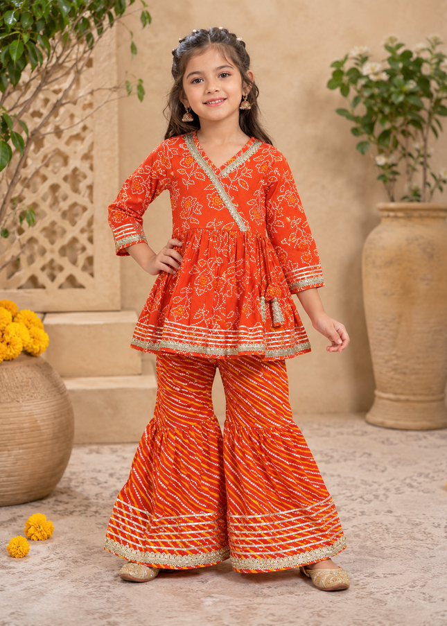 GIRLS GHARARA SET CODE-A385 Girls Orange Bandhani Printed Garara Plazzo Set | Traditional Ethnic Wear for Kids