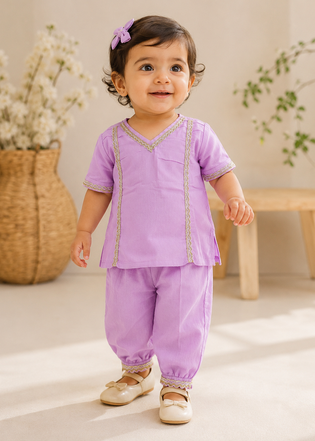 GIRLS KURTI PENT CODE-A386 Girls Lavender Kurta Pant Set with Golden Lace | Ethnic Wear for Girls