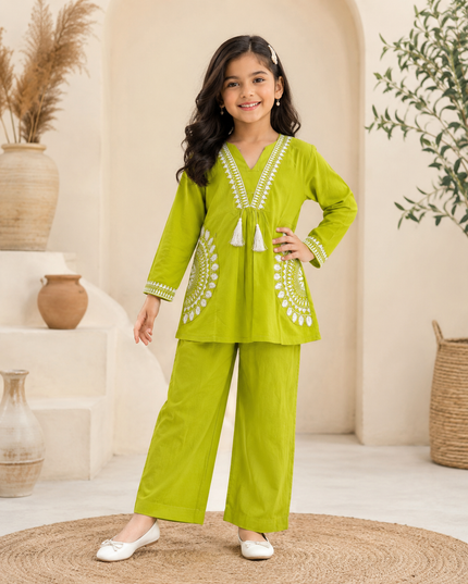 GIRLS GHARARA SET CODE-A387 Girls Lime Green Embroidered Kurta Palazzo Set | Traditional Ethnic Wear for Kids | He and She