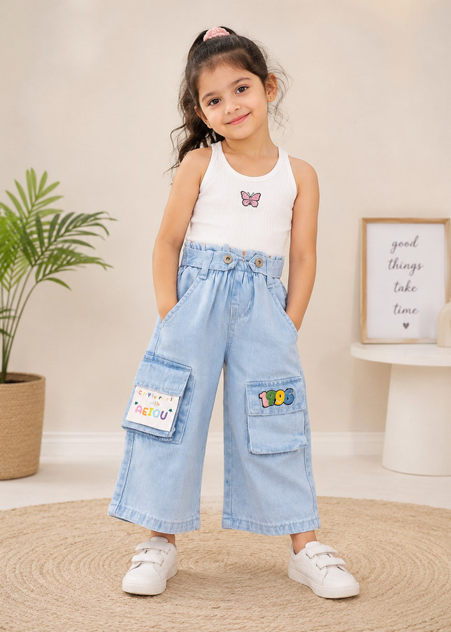 GIRLS JEANS CODE-A388 Girls Light Blue Wide Leg Cargo Jeans | Stylish Kids Denim Pants