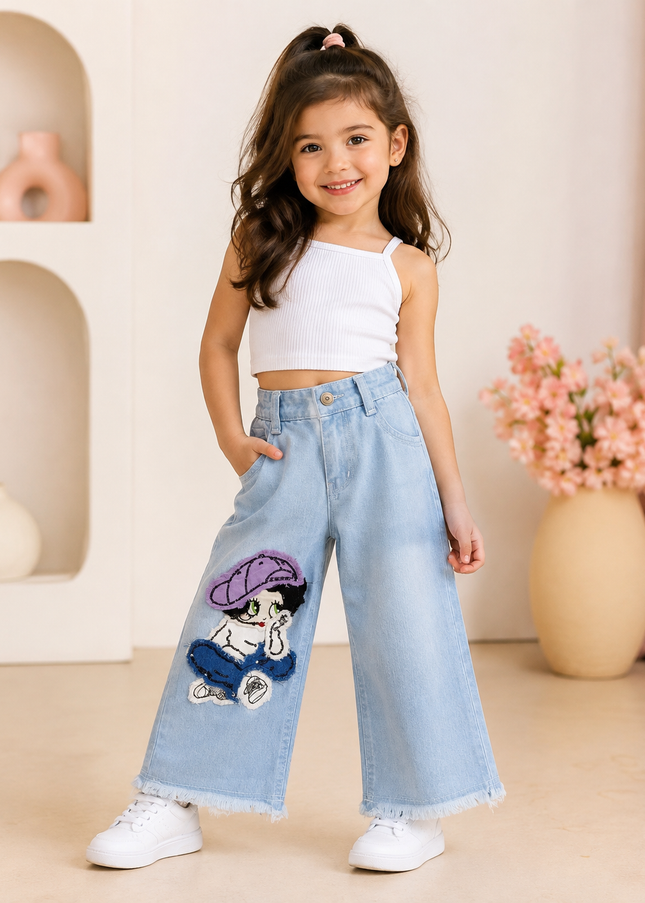 GIRLS JEANS CODE-A389 Girls Light Blue Wide Leg Denim Jeans with Cartoon Patch