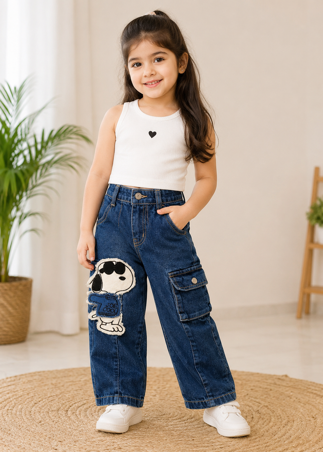 GIRLS JEANS CODE-A390 Girls Dark Blue Denim Cargo Jeans with Snoopy Print | Stylish Wide Leg Jeans