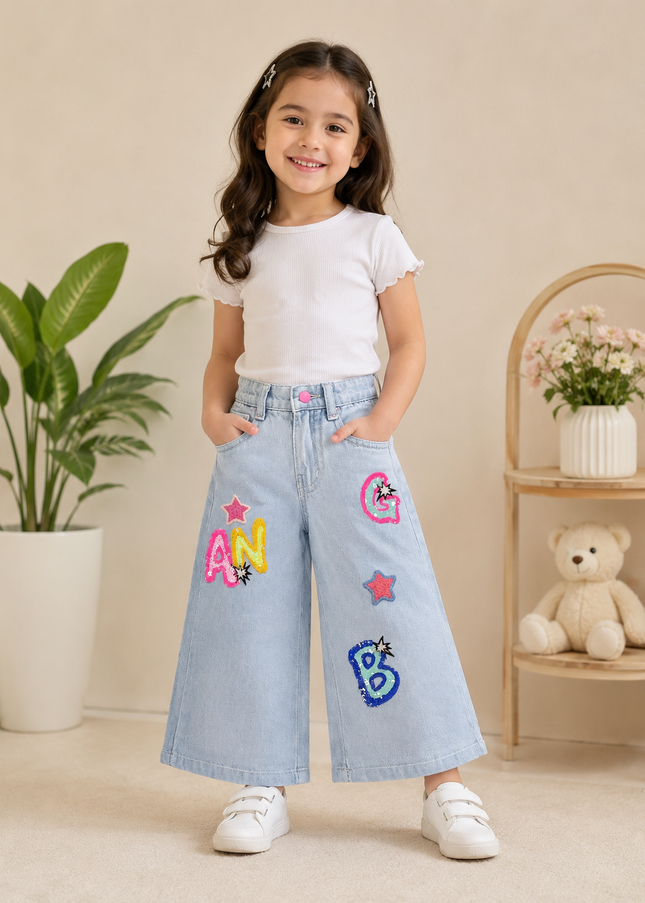 GIRLS JEANS CODE-A391 Girls Light Blue Wide Leg Denim Jeans with Sequin Letter & Star Patches
