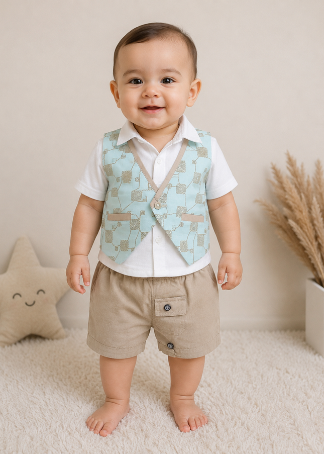 BOYS SET CODE-A397 Boys Ethnic Waistcoat Set with Shirt & Shorts – Stylish Party Wear Outfit
