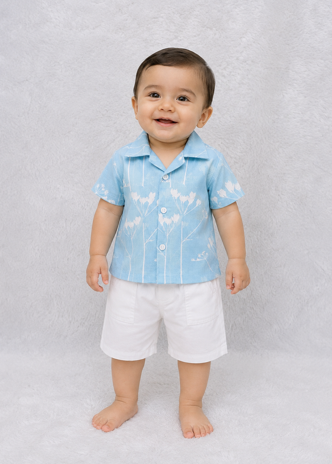 BOYS SET CODE-A398 Boys Light Blue Floral Print Shirt & White Shorts Set