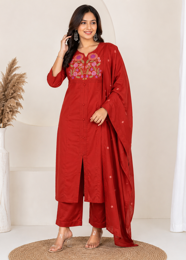 LADIES KURTI SET CODE-A409 Women’s Red Embroidered Straight Kurta with Pant & Dupatta Set | Ethnic 3-Piece Suit Set