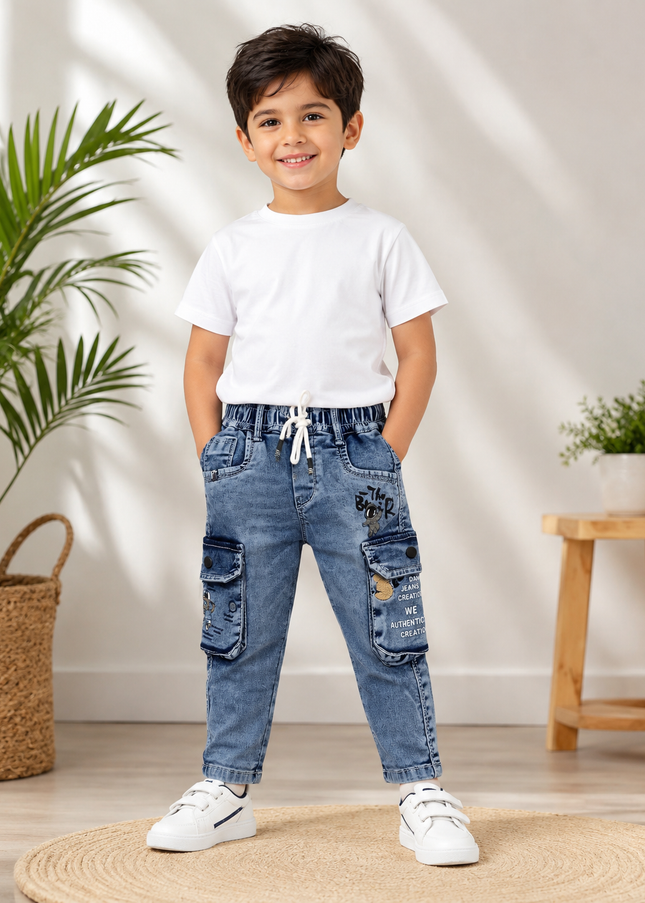 BOYS JEANS CODE-A412 Boys Blue Denim Cargo Jeans with Utility Pockets | He And She Kidswear