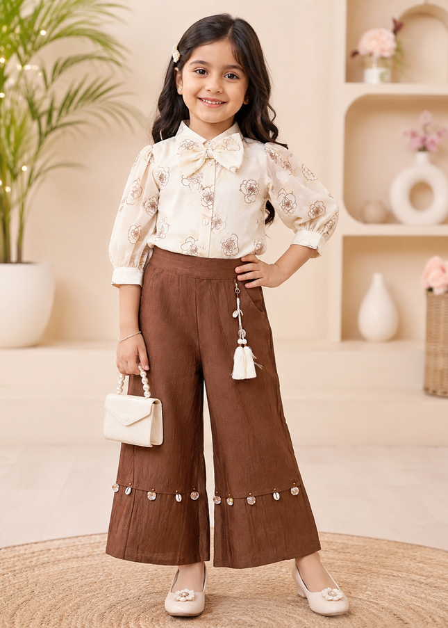 GIRLS SET CODE-A413 Girls Floral Printed Shirt & Brown Palazzo Set | Stylish Party Wear Co-Ord Set
