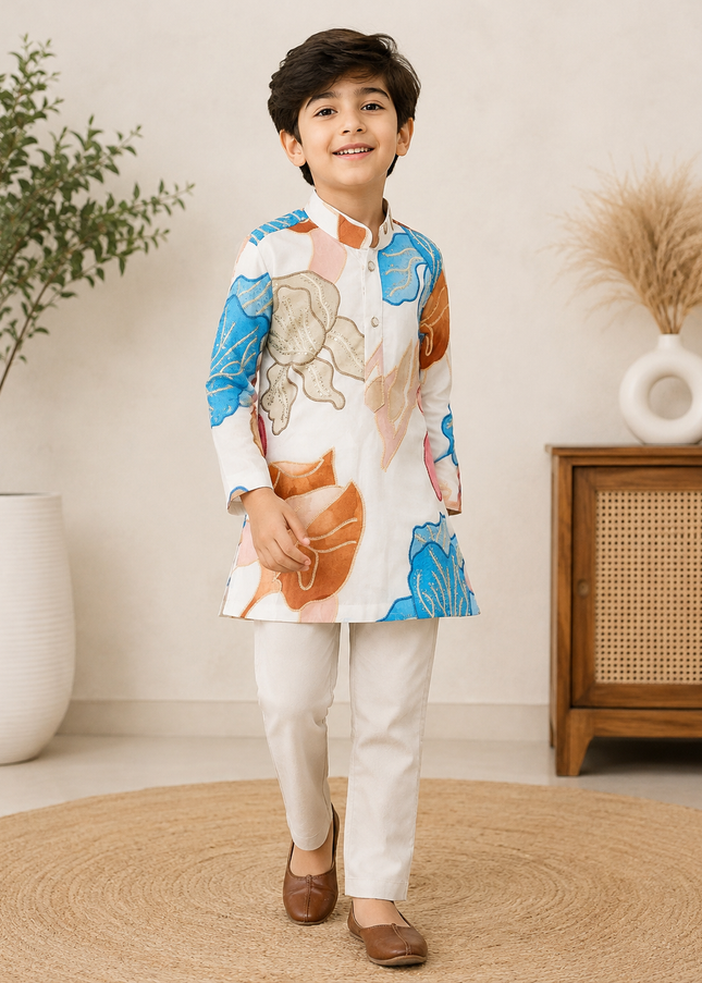 BOYS KURTA SET CODE-A414 Boys Printed Kurta Pajama Set with Floral Embroidery | He And She