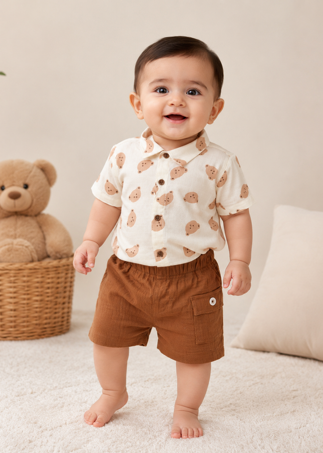 BOYS SET CODE-A399 Baby Boy Bear Print Shirt & Shorts Set | Cotton Casual Outfit